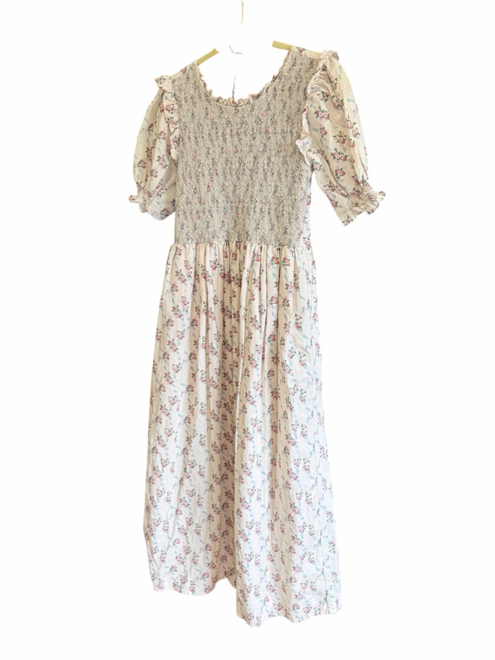 DONDOLO Smocked Rose Peasant Linen & Cotton Maxi Dress Cottagecore M